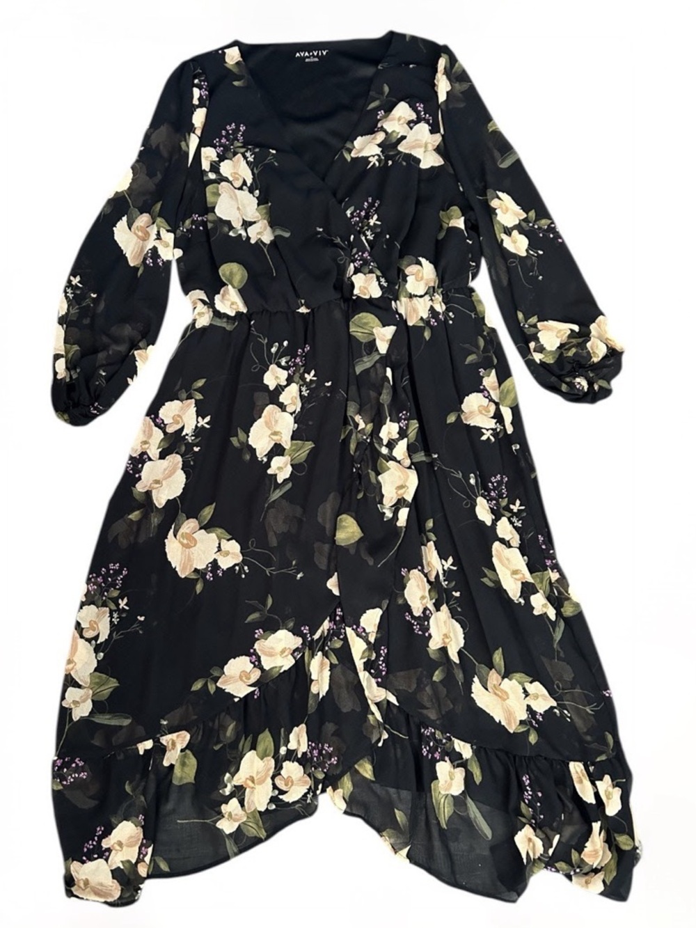 Ava & Viv Black Floral Wrap Dress with Cream Blooms